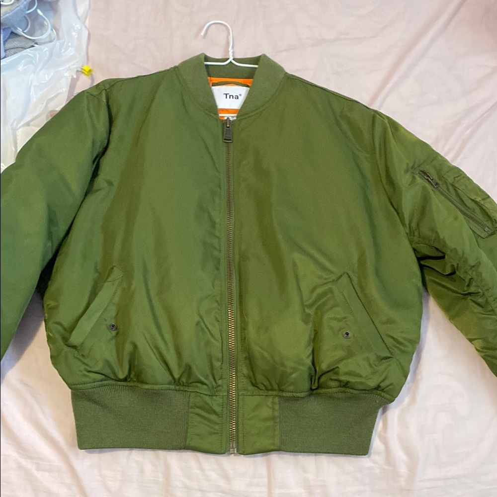 TNA Olive Green Bomber Jacket with Orange Lining